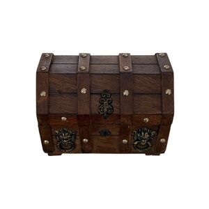 Vintage Wood Pirate Treasure Chest Jewelry Box Gothic Lion Heads Chains